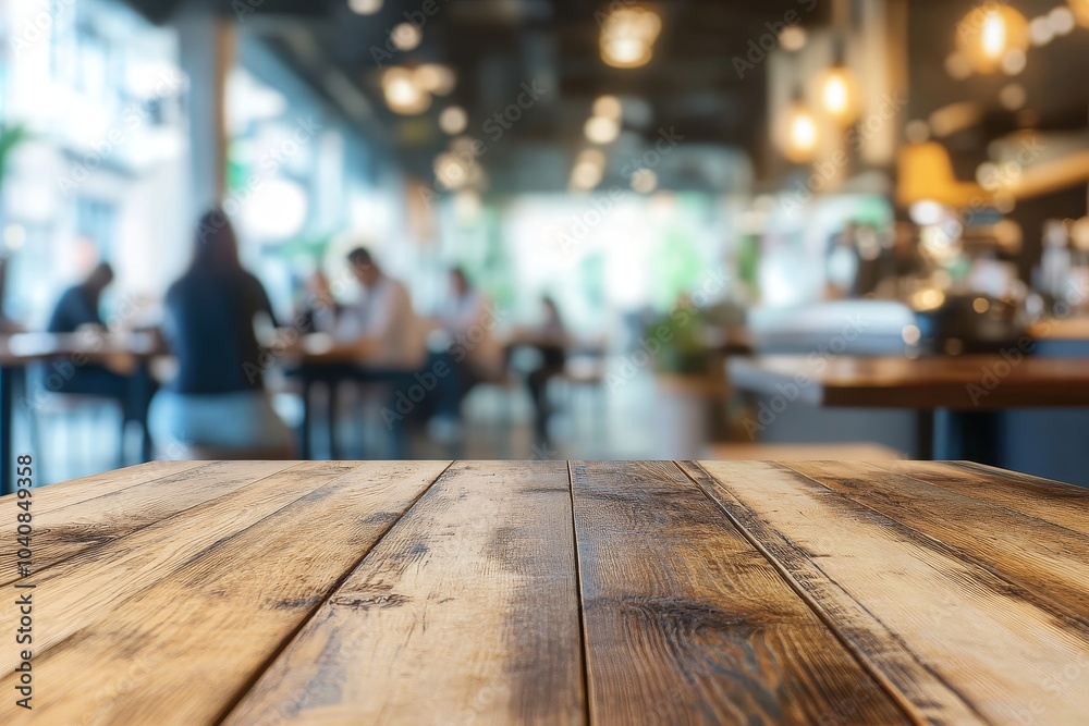 Close up of a wooden table top with blurred background of people in a cafe. Close up of a wooden table top with blurred background of people in a cafe.