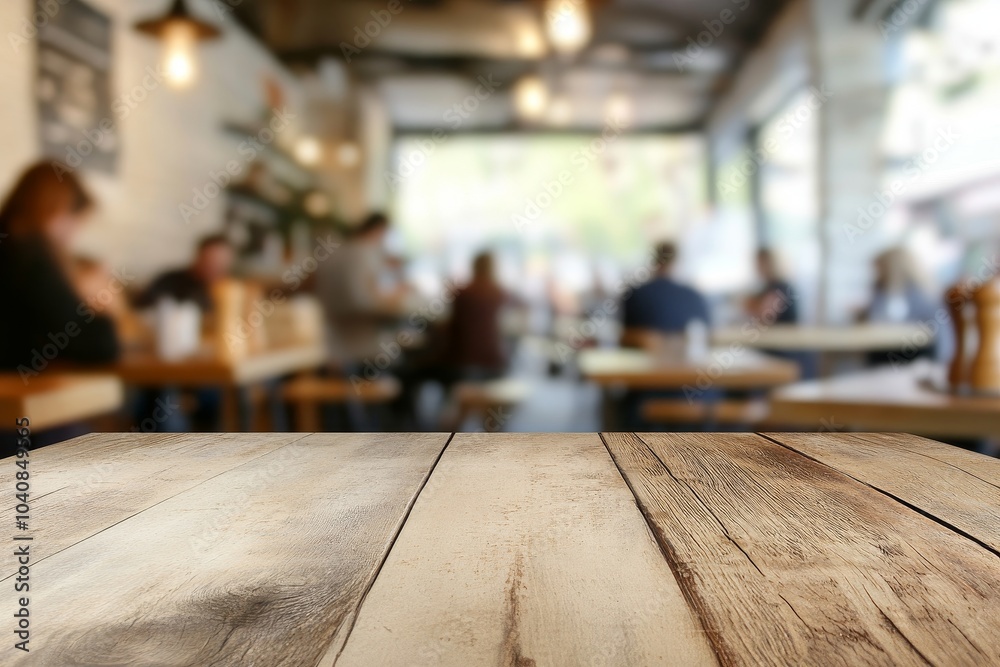 Empty wooden tabletop with a blurred background of a cafe with people sitting at tables. Empty wooden tabletop with a blurred background of a cafe with people sitting at tables.