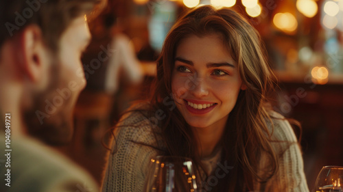 Cheerful couple in love Man whispering something funny to a beautiful woman at dinner. Couple enjoying together at Valentines Day