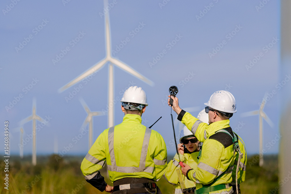 A team of engineers in high visibility safety gear stand together at a wind farm, conducting inspections and discussing renewable energy projects. Wind turbines surround them under a clear sky.