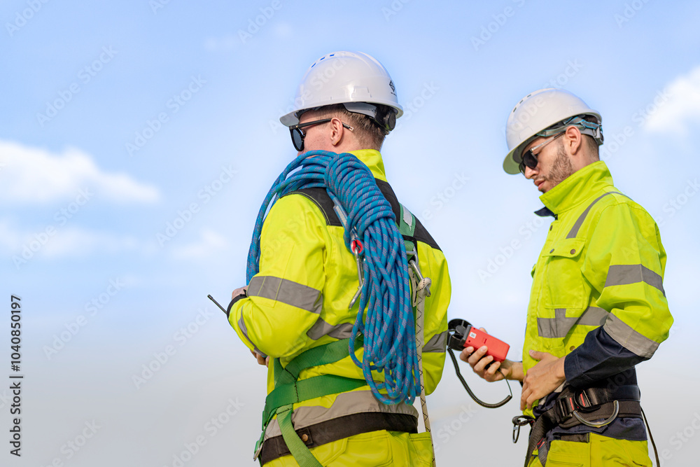 Two engineers in high visibility jackets and helmets are inspecting a wind farm. One is holding a mobile device, while the other is equipped with ropes for climbing, with turbines visible . Two engineers in high visibility jackets and helmets are inspecting a wind farm. One is holding a mobile device, while the other is equipped with ropes for climbing, with turbines visible .