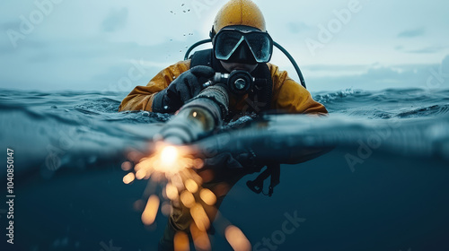 Diving into depths, commercial diver skillfully cuts through underwater pipes, showcasing precision and expertise in challenging environment