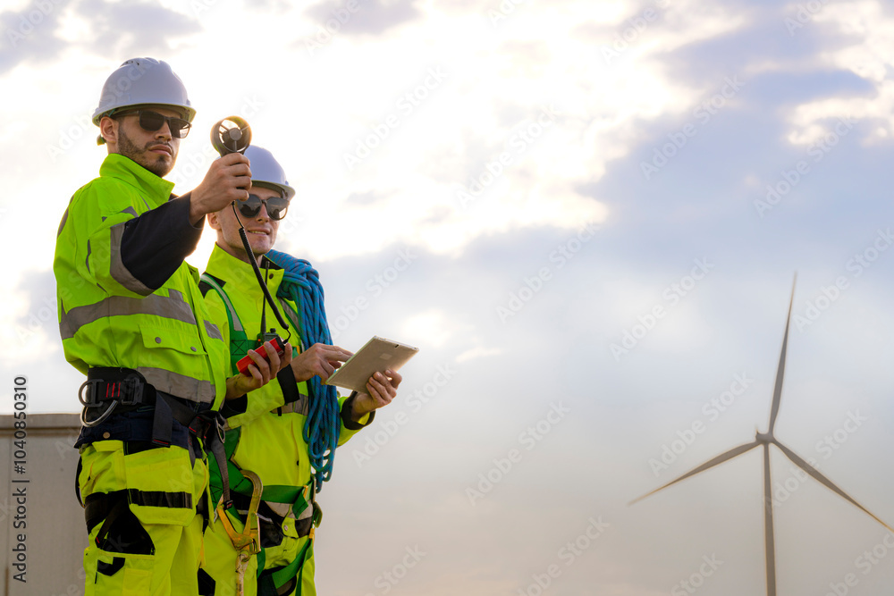 Two engineers wearing high visibility safety jackets and helmets measure wind speed with an anemometer and analyze data on a tablet at a renewable energy site. The cloudy sky adds depth to the scene.