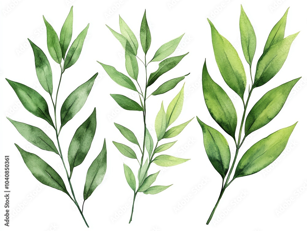Obraz premium Three watercolor illustrations of green leaves branches isolated on a white background.