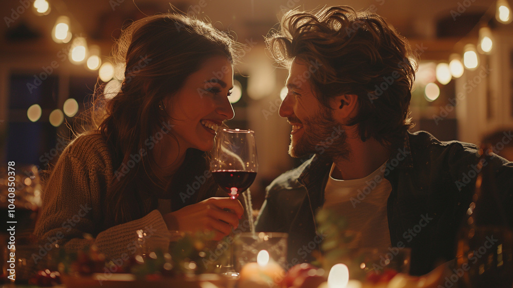 Happy Young Couple in Love Have Romantic Dinner, Toasting Each other with Glasses of Wine, Eating Tasty Meal in the Kitchen, Celebrating, Talking. Beautiful Lovely Husband and Wife Have Romantic Time Happy Young Couple in Love Have Romantic Dinner, Toasting Each other with Glasses of Wine, Eating Tasty Meal in the Kitchen, Celebrating, Talking. Beautiful Lovely Husband and Wife Have Romantic Time