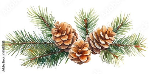 Watercolor illustration of a pine branch with three pine cones. (1)