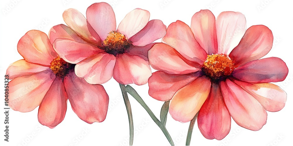 Watercolor painting of three pink flowers. Watercolor painting of three pink flowers.