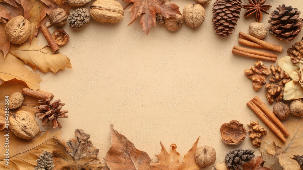 Autumn frame from leaves, nut, cones, dried fruits, cinnamon sticks on beige background. Top view, copy space