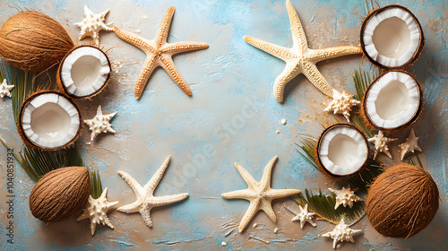 Summer accessories with starfishes and coconuts on a sandy and see background.