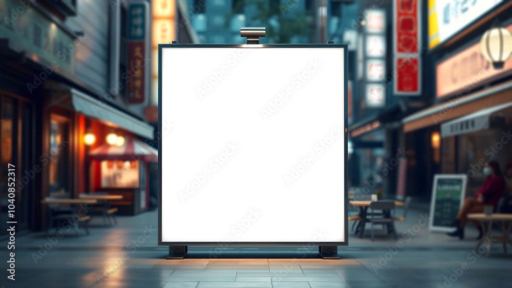 Empty billboard in front of street cafe with blurred background Empty billboard in front of street cafe with blurred background