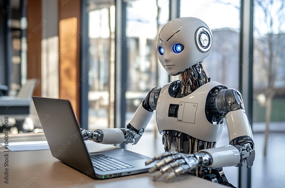 A humanoid robot sitting at an office desk, AI generated A humanoid robot sitting at an office desk, AI generated