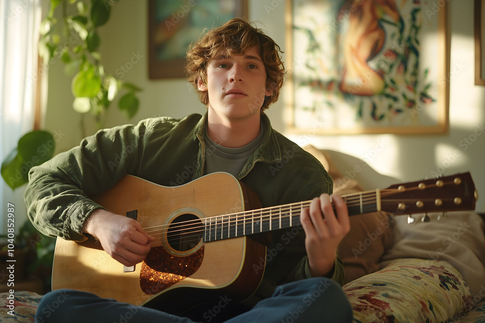Obraz premium Young man playing acoustic guitar at home, enjoying a relaxing afternoon