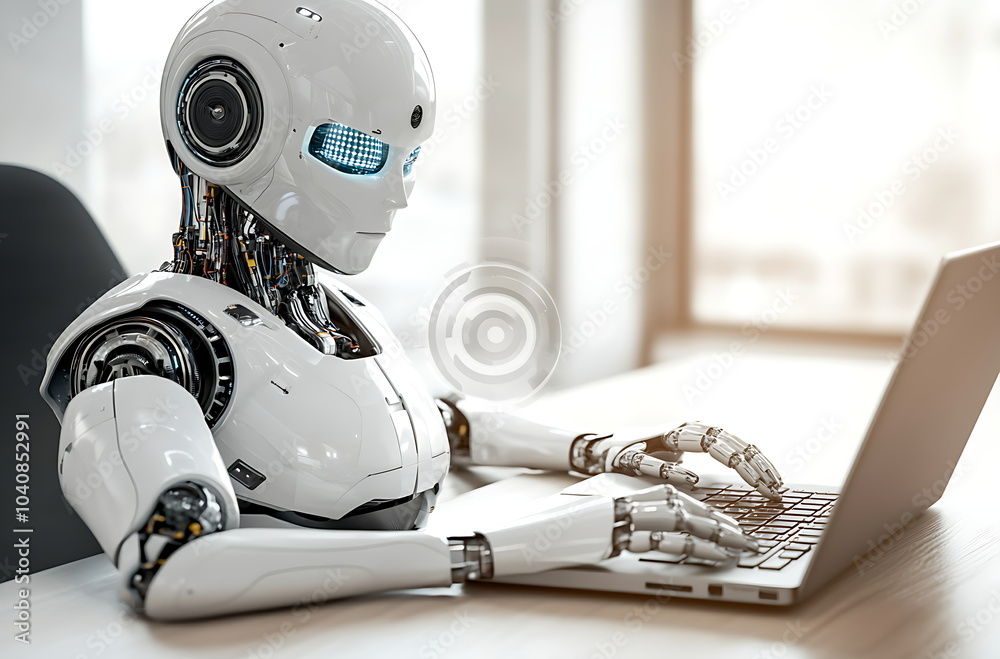 A humanoid robot sitting at an office desk, AI generated A humanoid robot sitting at an office desk, AI generated