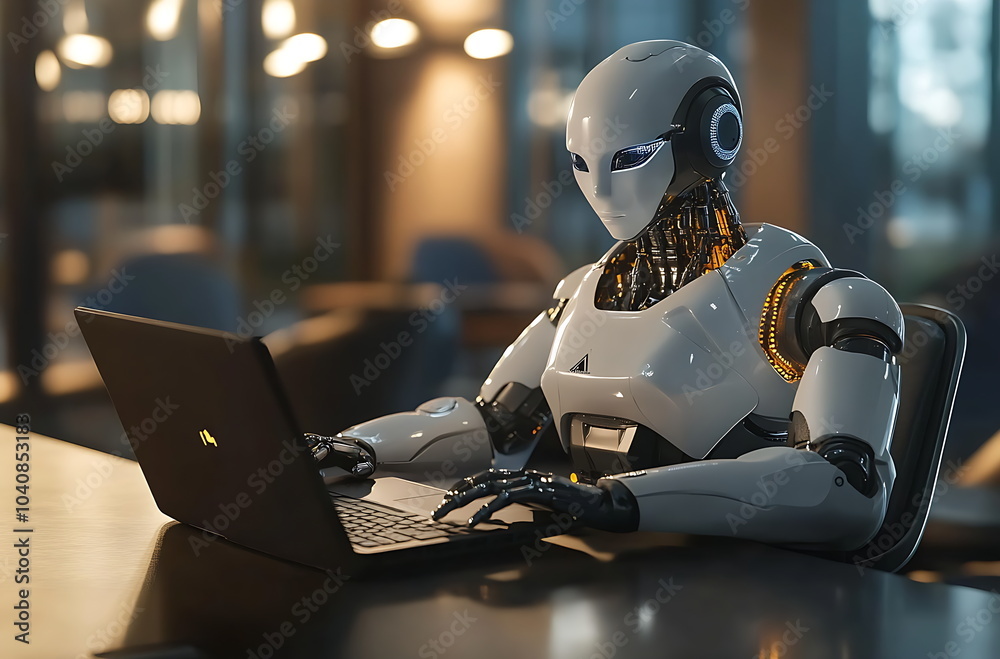 A humanoid robot sitting at an office desk, AI generated A humanoid robot sitting at an office desk, AI generated