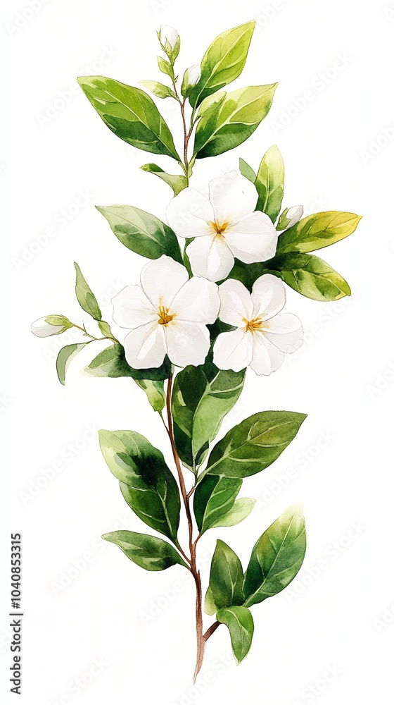 A watercolor painting of a white flower with green leaves. A watercolor painting of a white flower with green leaves.