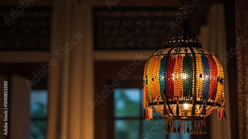 A colorful Moroccan pendant lamp hangs from a ceiling, illuminating a room with a soft, warm glow.