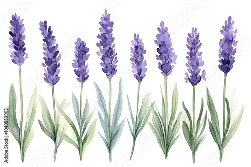 Watercolor illustration of lavender flowers in different stages of bloom, isolated on a white background.
