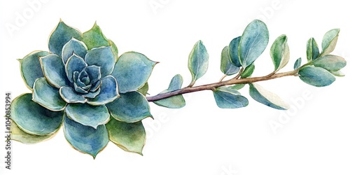 Watercolor illustration of a succulent plant with a branch.