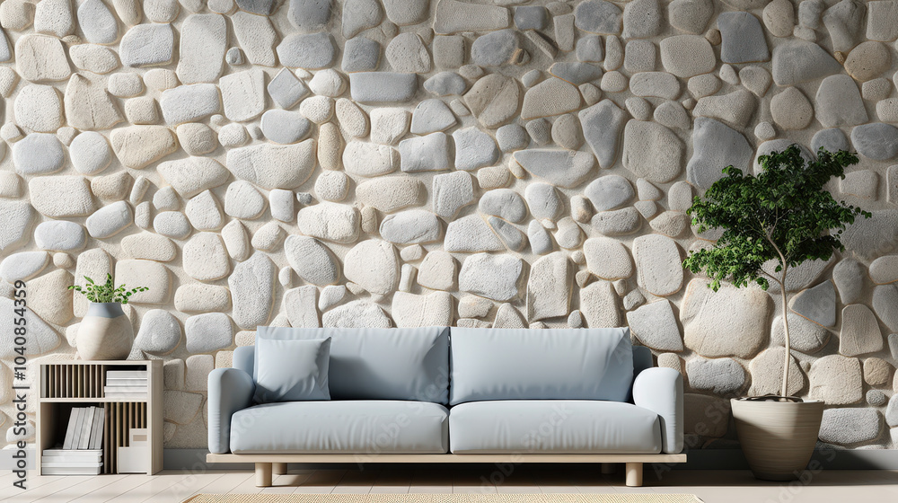 modern living room featuring decorative grey stone wall and pastel blue sofa, complemented by potted plant and stylish shelf. serene atmosphere invites relaxation and comfort modern living room featuring decorative grey stone wall and pastel blue sofa, complemented by potted plant and stylish shelf. serene atmosphere invites relaxation and comfort