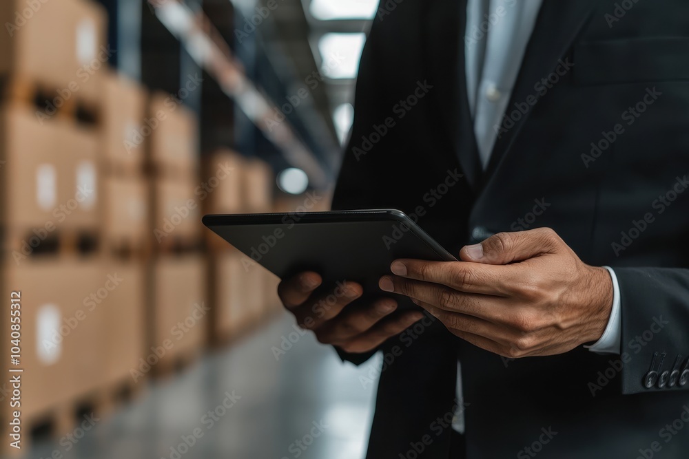 Businessman Using Tablet in Warehouse Setting Businessman Using Tablet in Warehouse Setting
