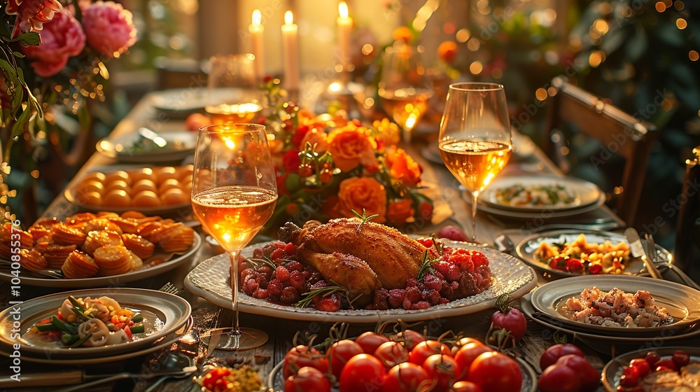 Delicious Holiday Dinner Table Setting with Roasted Chicken and Wine Glasses