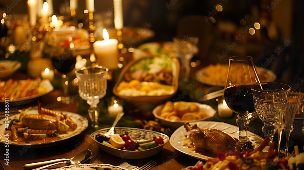 Elegant Dinner Table Setting with Roasted Chicken and Wine Elegant Dinner Table Setting with Roasted Chicken and Wine