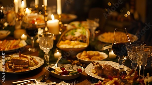 Elegant Dinner Table Setting with Roasted Chicken and Wine