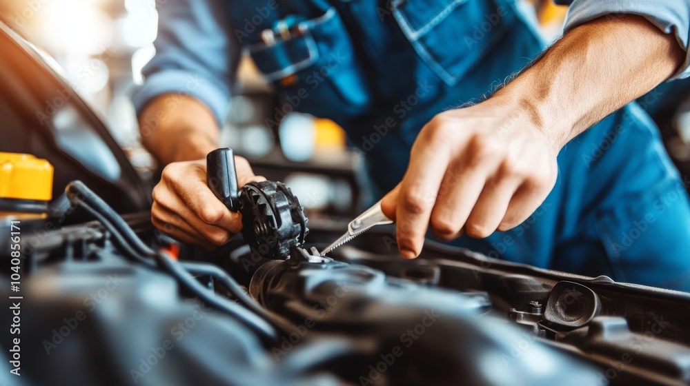Mechanic Working on Car Engine Close up Mechanic Working on Car Engine Close up