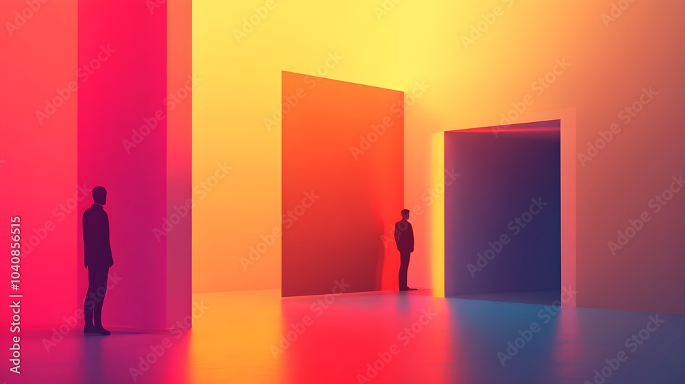 Obraz premium Two Silhouettes In A Minimalist Room With Colored Walls