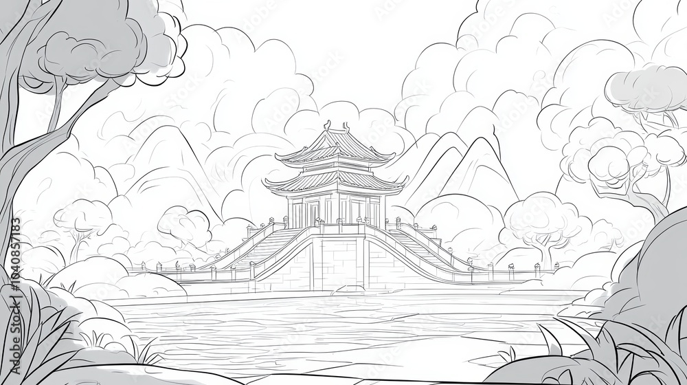 Naklejka premium Chinese Temple Landscape Sketch Asian Architecture Design Illustration