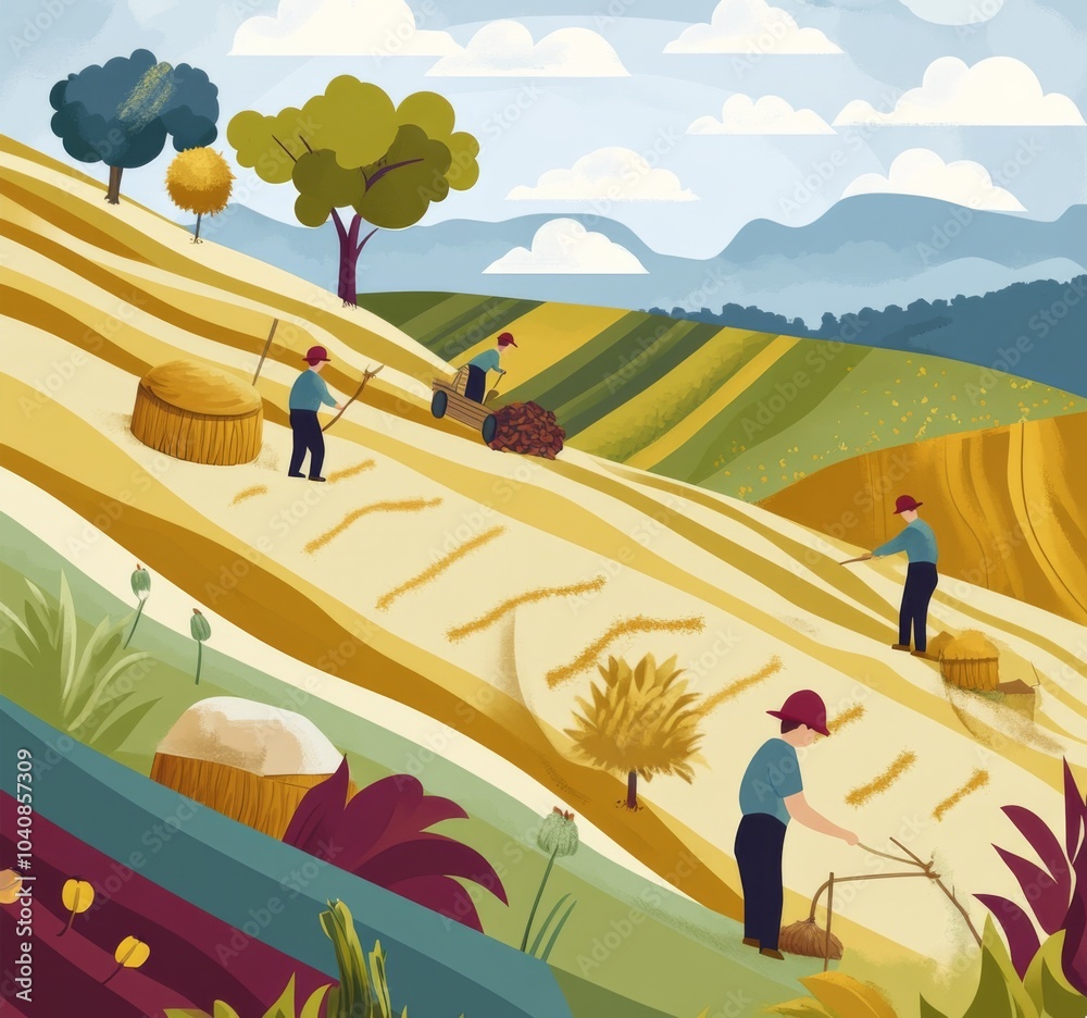 Obraz premium Vector Graphics Poster on Agriculture Featuring Harvesting and Farming Illustrations with Earthy Tones, Terraced Landscapes, Farmers in Fields, and a Scenic Background