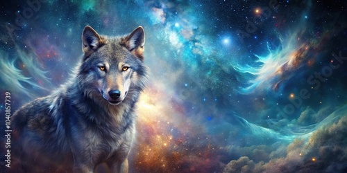 Galactic guardian wolf standing beneath cosmic canopy