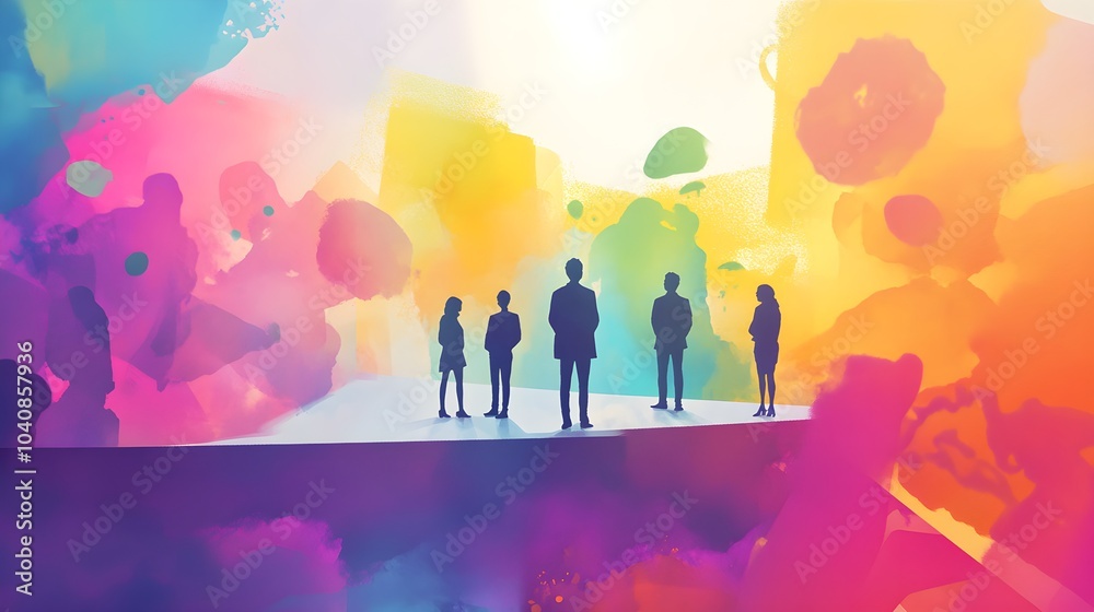 Fototapeta premium Silhouettes of People Standing on a Platform with Colorful Watercolor Background