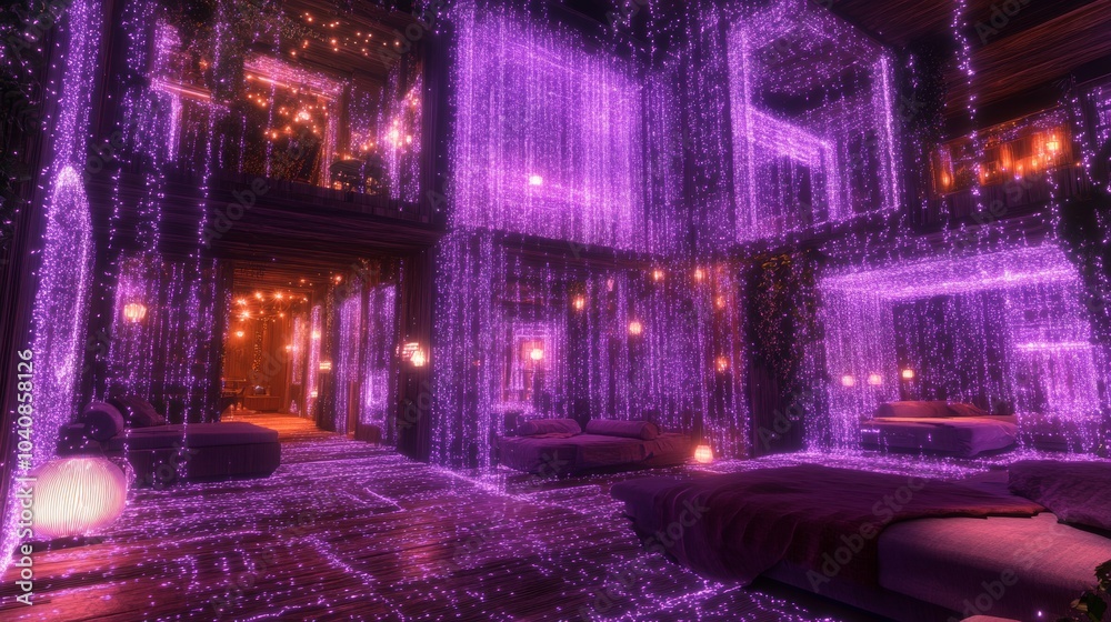 Dreamy Purple Lights in Modern Interior Design with Wooden Beams Dreamy Purple Lights in Modern Interior Design with Wooden Beams