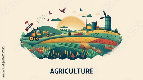 Wallpaper Mural Stylized Poster Featuring "AGRICULTURE" in Bold Text with Illustrations of Farmland, Harvesters, and Farm Animals, Showcasing Flat Colors and Simple Shapes on a Pastel Background. Torontodigital.ca