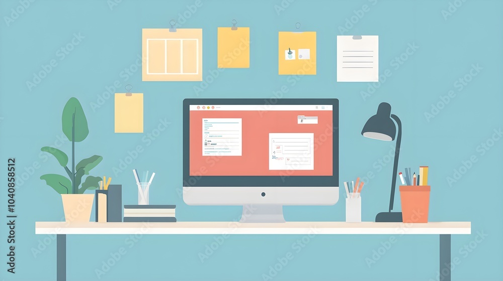 Modern Workspace with Computer Desk Lamp and Plant Modern Workspace with Computer Desk Lamp and Plant