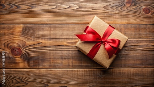 A rustic brown gift box adorned with a bright red satin ribbon, a festive touch against the warm grain of the wooden surface.