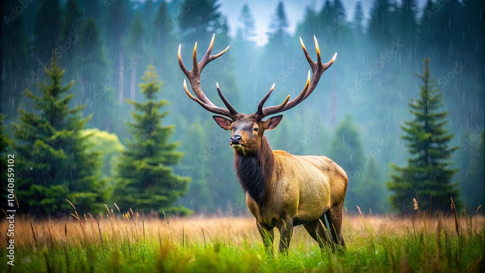 Obraz premium A majestic elk stands in a meadow, its antlers reaching towards the sky, as rain falls around it, creating a serene atmosphere in the forest.