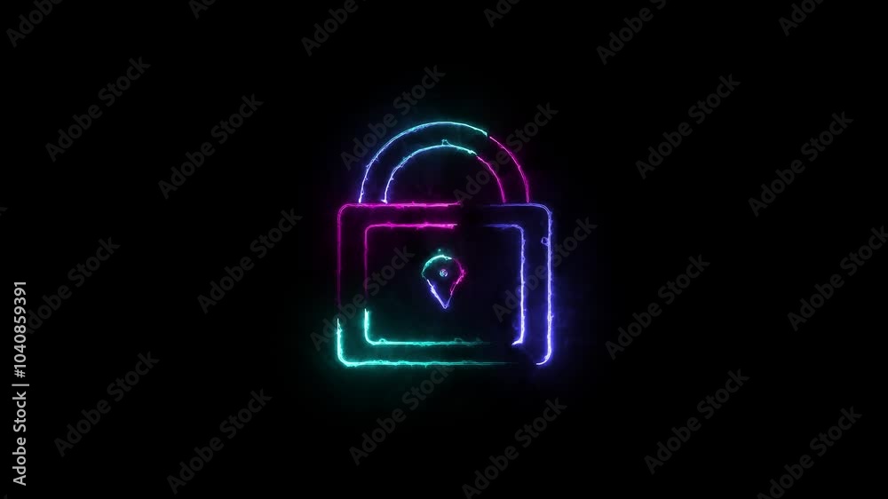 Neon dynamic lock icon glowing animated black background Neon dynamic lock icon glowing animated black background
