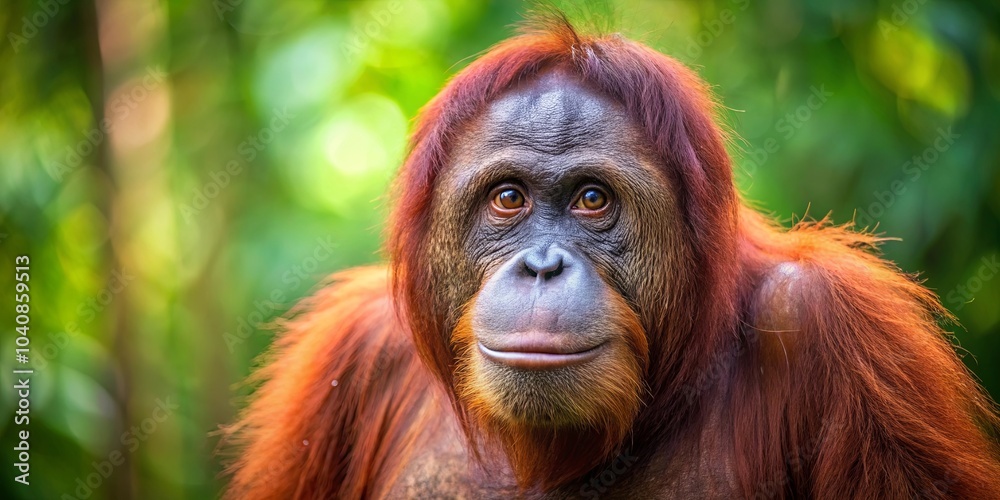 A Close-Up Portrait of an Orangutan with a Gentle Expression, Capturing Its Warm Eyes and Soft Fur Amidst a Lush Green Background A Close-Up Portrait of an Orangutan with a Gentle Expression, Capturing Its Warm Eyes and Soft Fur Amidst a Lush Green Background