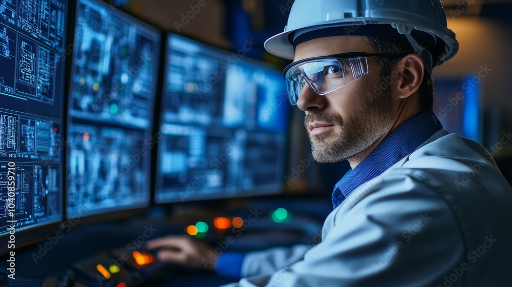 Focused Engineer Monitoring Data on Multiple Screens Focused Engineer Monitoring Data on Multiple Screens