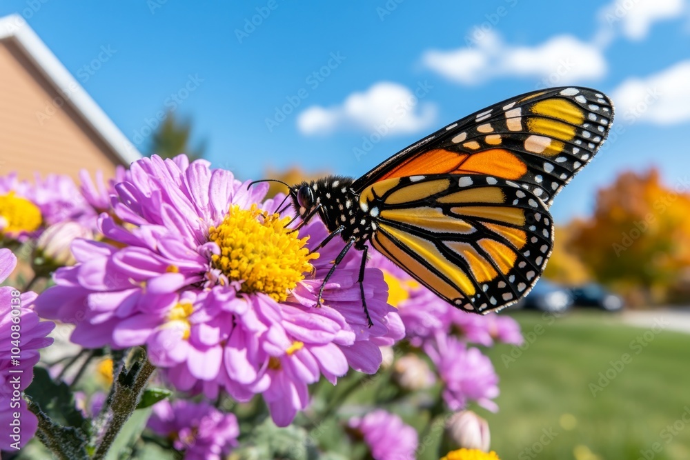 Fototapeta premium Butterflies and bees sharing a flower, a delicate balance of pollinators in a vibrant garden