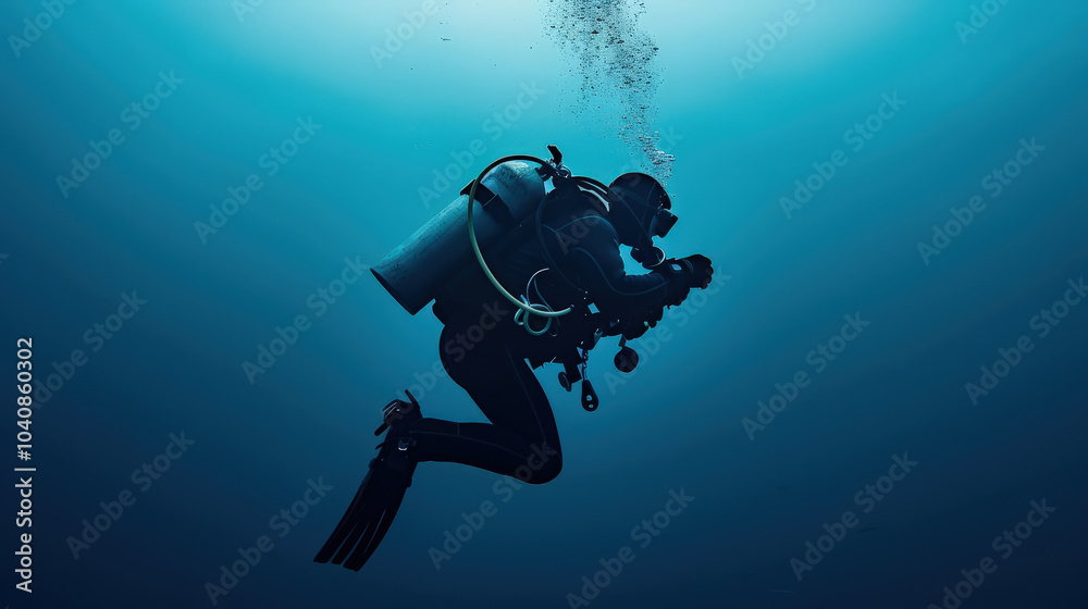 Diver cutting through thick underwater environment, exploring depths with scuba gear and bubbles surrounding. serene blue backdrop enhances sense of adventure and tranquility Diver cutting through thick underwater environment, exploring depths with scuba gear and bubbles surrounding. serene blue backdrop enhances sense of adventure and tranquility