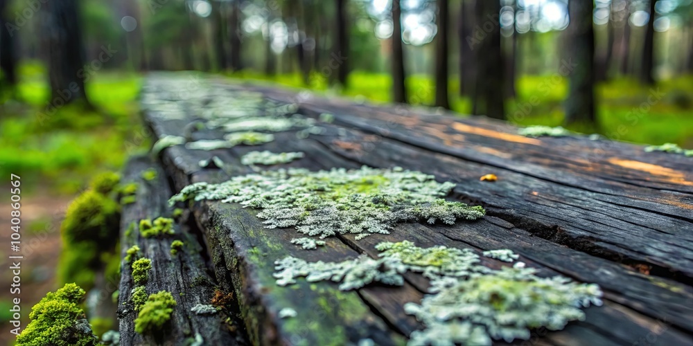 A weathered wooden plank, overgrown with verdant lichen, rests on a soft bed of moss in a sun-dappled forest A weathered wooden plank, overgrown with verdant lichen, rests on a soft bed of moss in a sun-dappled forest