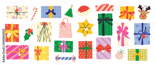 Set of decorative christmas element vector illustration. Collection of christmas tree, reindeer, bauble ball, gift, reindeer, hat. Design for sticker, card, poster, invitation, greeting.