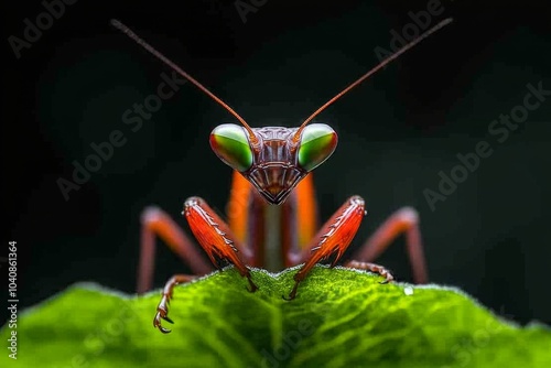 Close-up of a praying mantis perched on a blade of grass, its sharp eyes focused and body poised