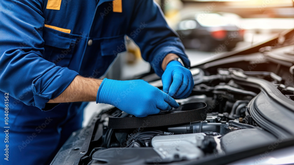 A mechanic is working on a car engine. The mechanic is wearing blue overalls and gloves. The car is parked in a garage A mechanic is working on a car engine. The mechanic is wearing blue overalls and gloves. The car is parked in a garage