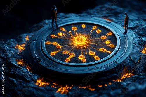 Covid-19 virus represented as a magical creature, with glowing symbols around it as scientists attempt to contain and test it in a fantasy setting