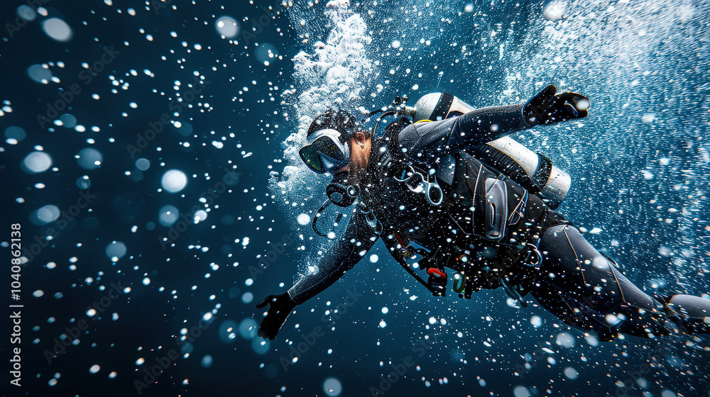 Naklejka premium Diver swimming underwater, surrounded by bubbles and blue water, showcasing beauty of marine exploration and thrill of diving
