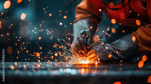 skilled worker is engaged in welding, creating bright sparks and dynamic display of light. close up captures intensity and precision of task, showcasing craftsmanship involved